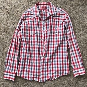 Lucky Brand Men’s Western Rodeo Shirt | Red Plaid | Pearl Snap Buttons | Size XL
